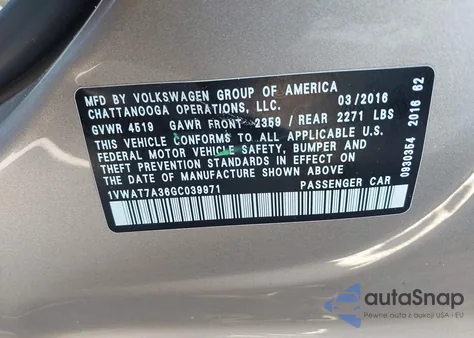 2016 Volkswagen Passat 1.8T S из США, поврежденный, VIN 1VWAT7A36GC039971